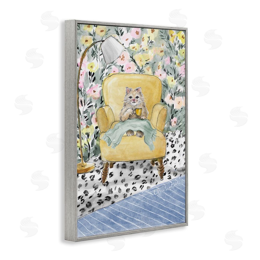 Lanie Loreth Cozy Cat Relaxing Gray Framed Giclee Wall Art Print