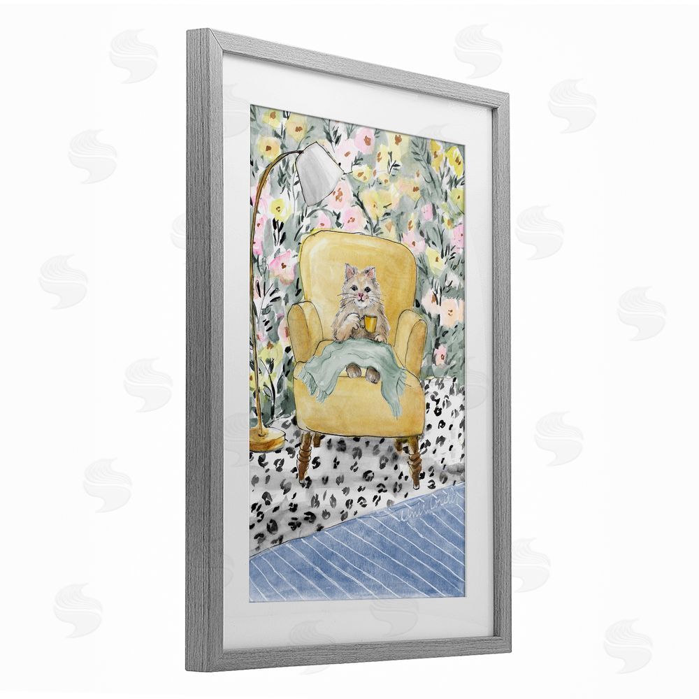 Lanie Loreth Cozy Cat Relaxing Gray Framed Print Under Glass Wall Art
