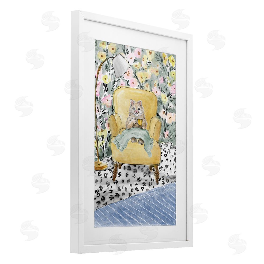 Lanie Loreth Cozy Cat Relaxing White Framed Print Under Glass Wall Art