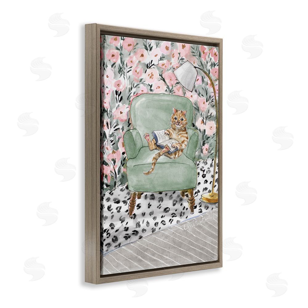 Lanie Loreth Cozy Cat Reading Brown Floating Frame Wall Art Print