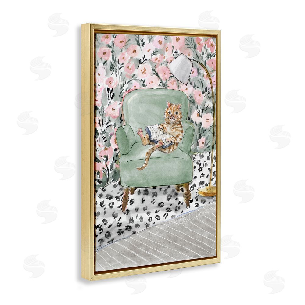 Lanie Loreth Cozy Cat Reading Gold Floating Frame Wall Art Print