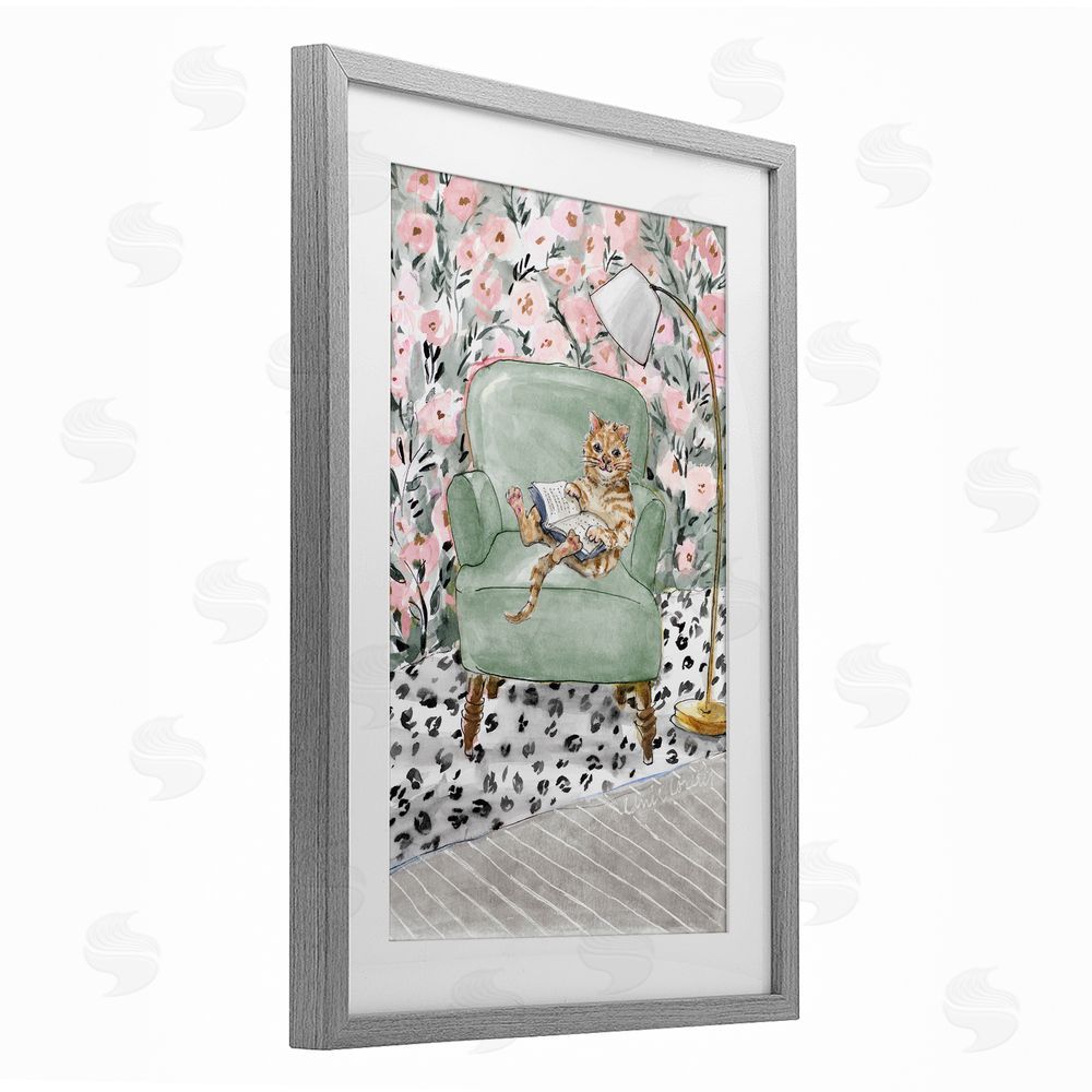 Lanie Loreth Cozy Cat Reading Gray Framed Print Under Glass Wall Art