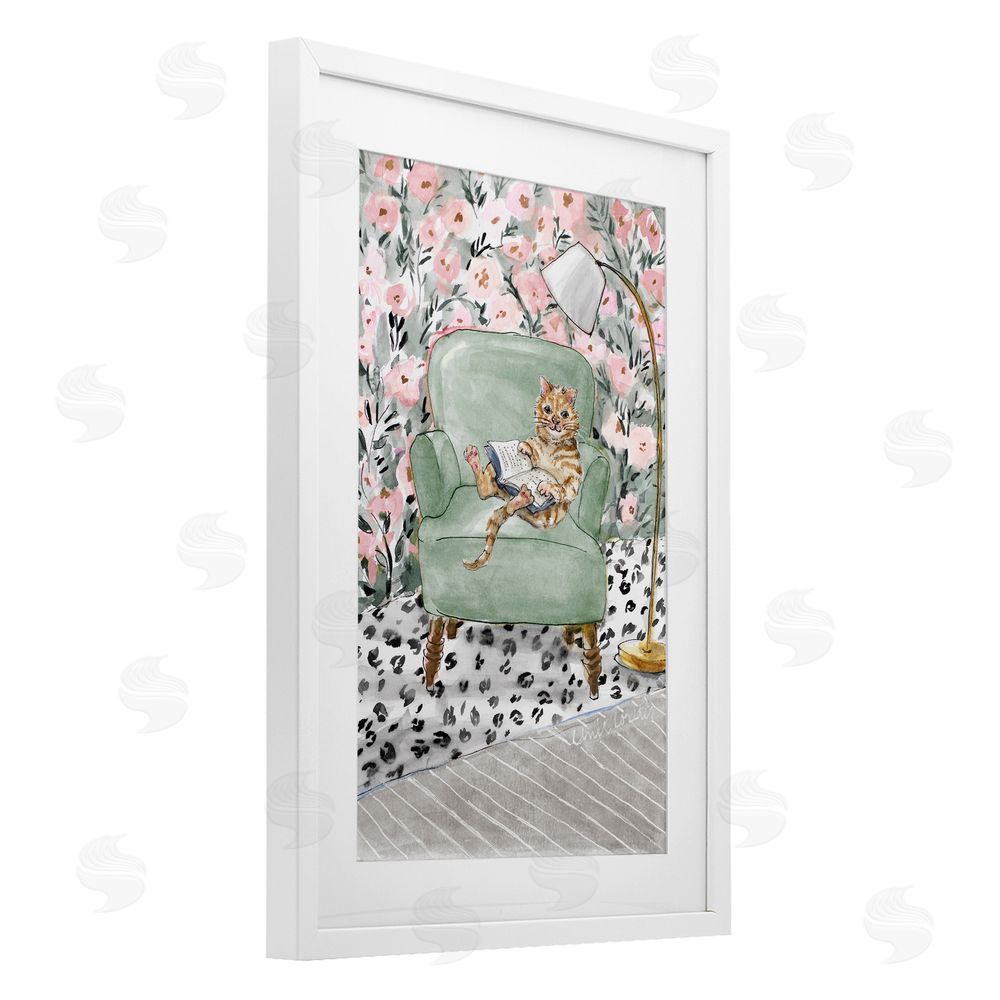 Lanie Loreth Cozy Cat Reading White Framed Print Under Glass Wall Art