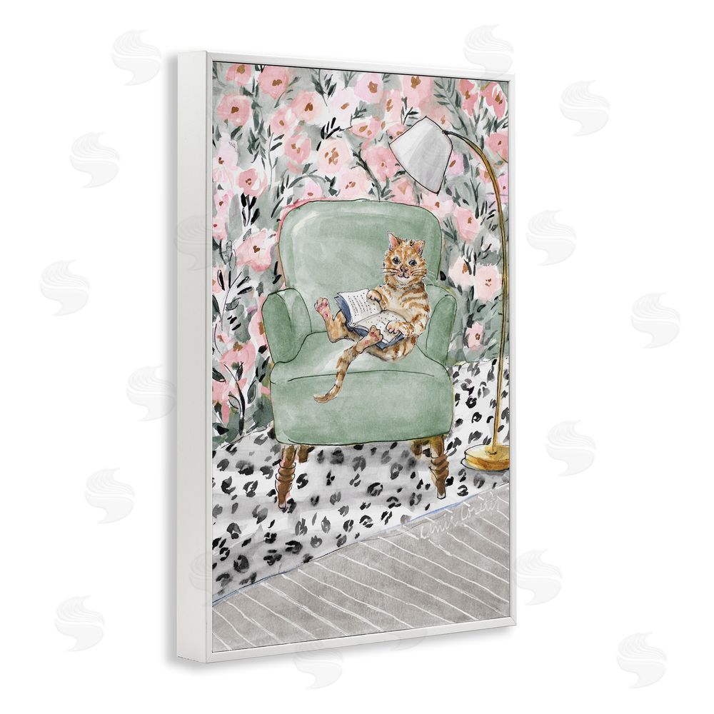 Lanie Loreth Cozy Cat Reading White Framed Giclee Wall Art Print