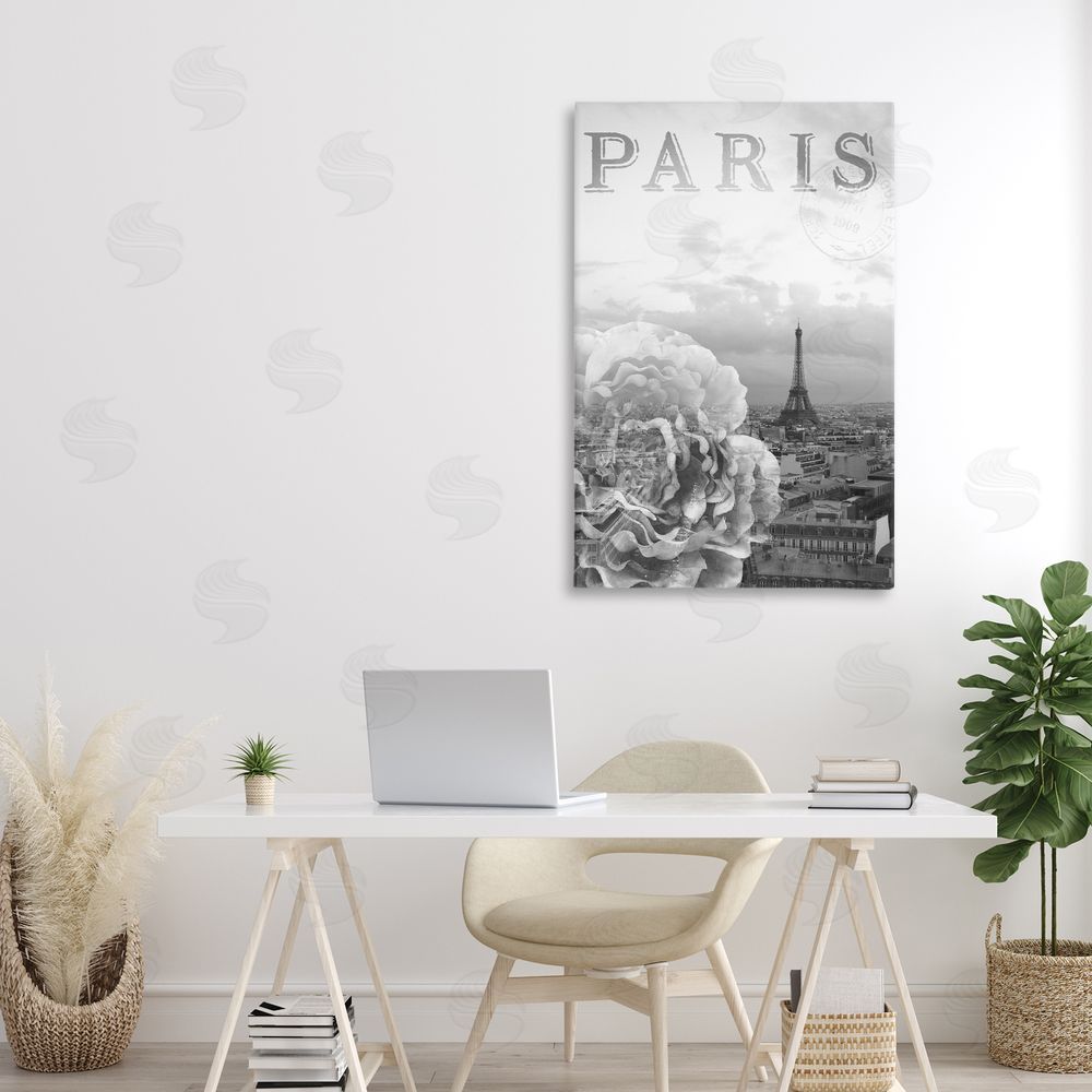Emily Navas Paris Postcard in Monochrome Stretched Canvas Wall Art in Room