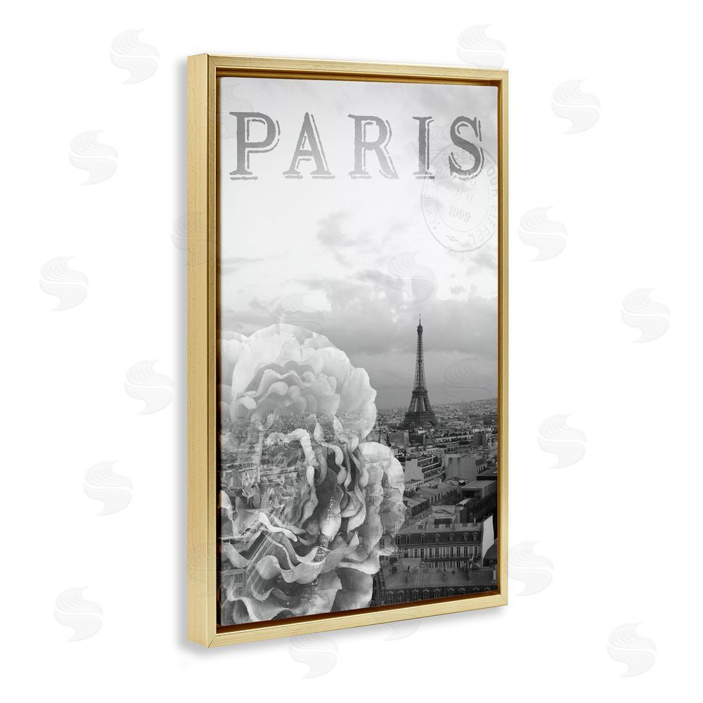 Emily Navas Paris Postcard in Monochrome Gold Floating Frame Canvas Wall Art Print