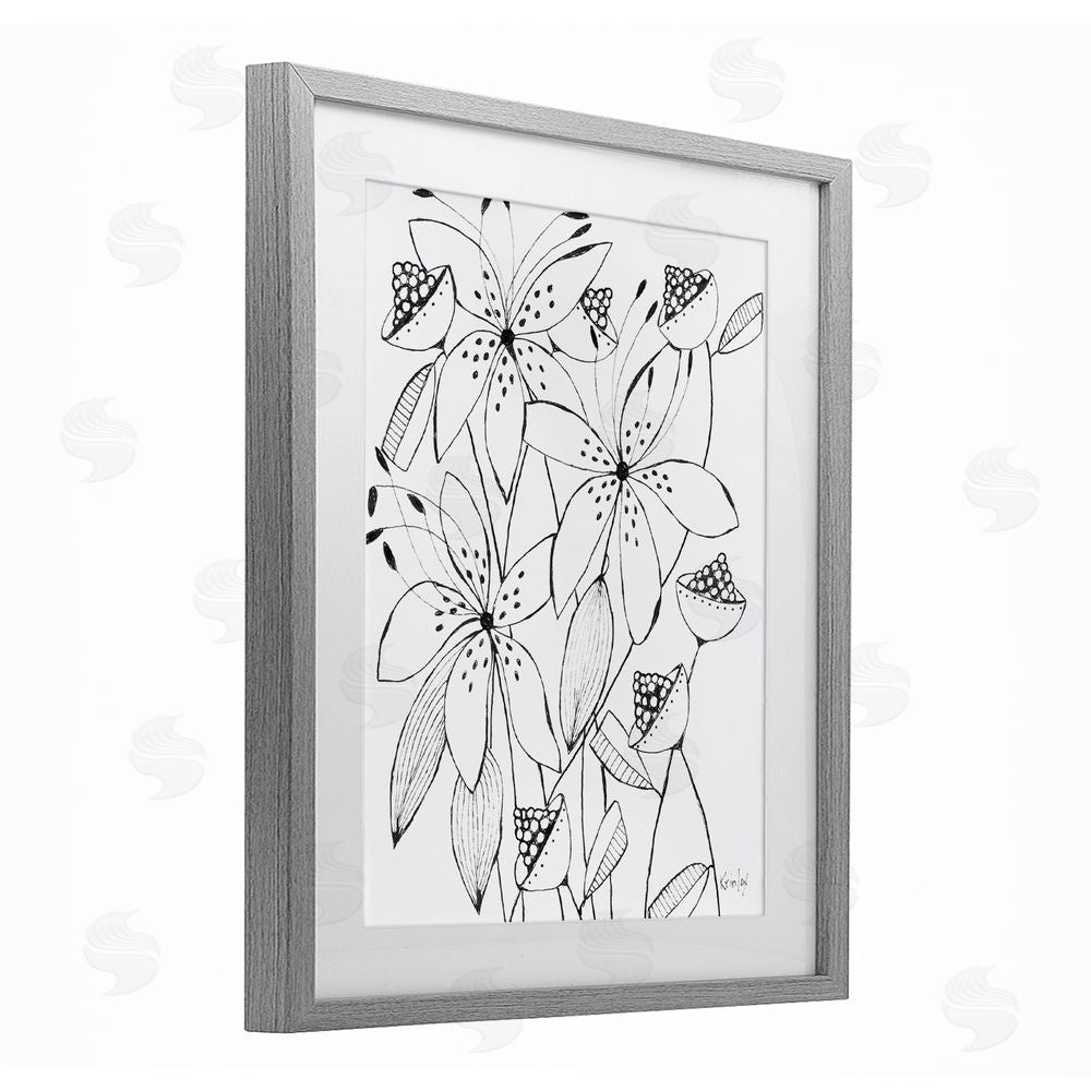 Krinlox Open Blooms Outline Gray Framed Print Under Glass Wall Art