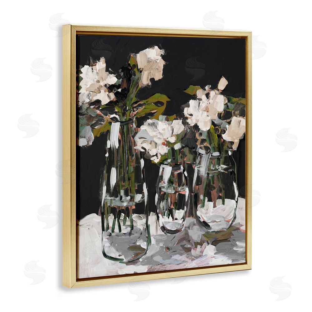Jane Slivka Three Flower Vases on Black Gold Floating Frame Canvas Wall Art Print