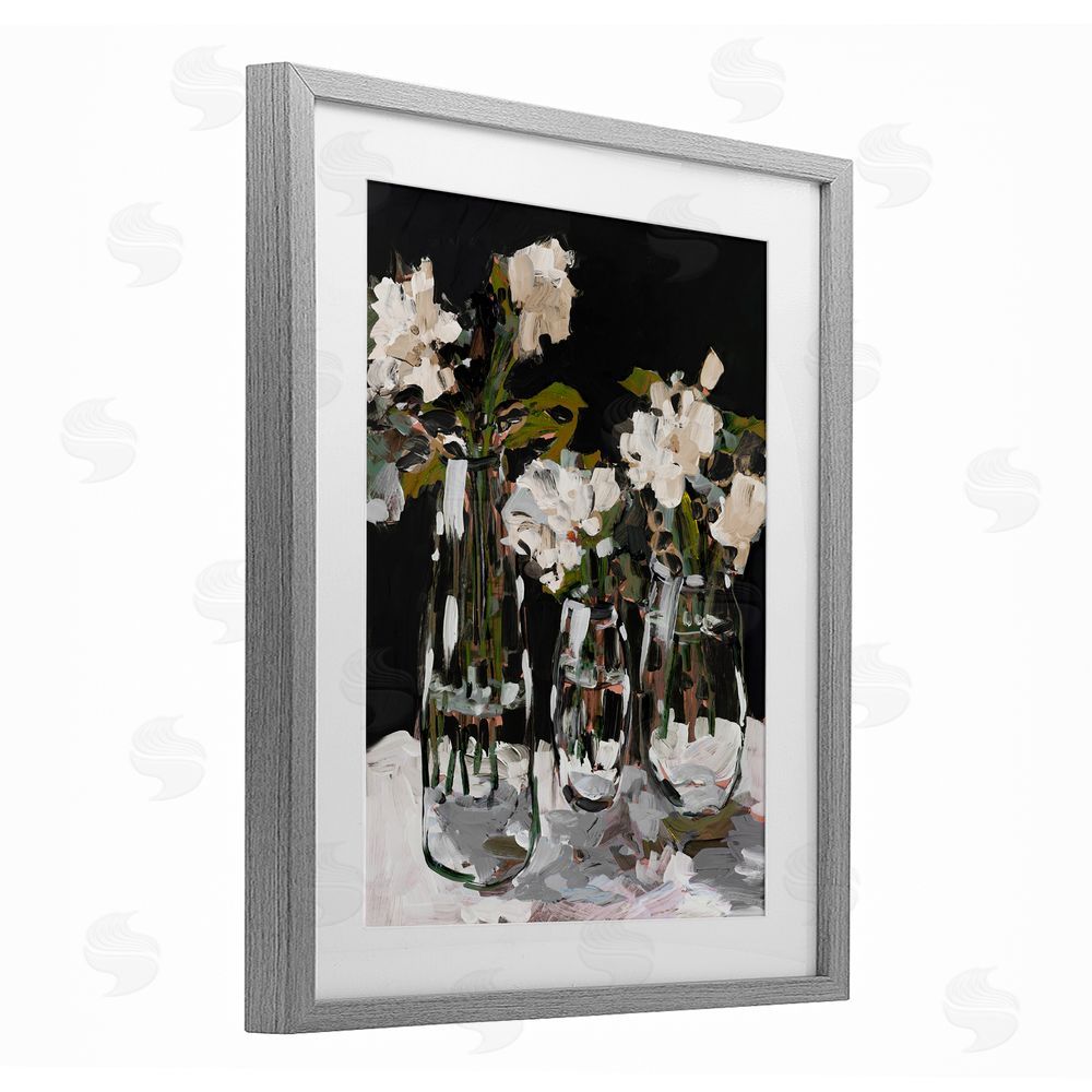 Jane Slivka Three Flower Vases on Black Gray Framed Print Under Glass Wall Art