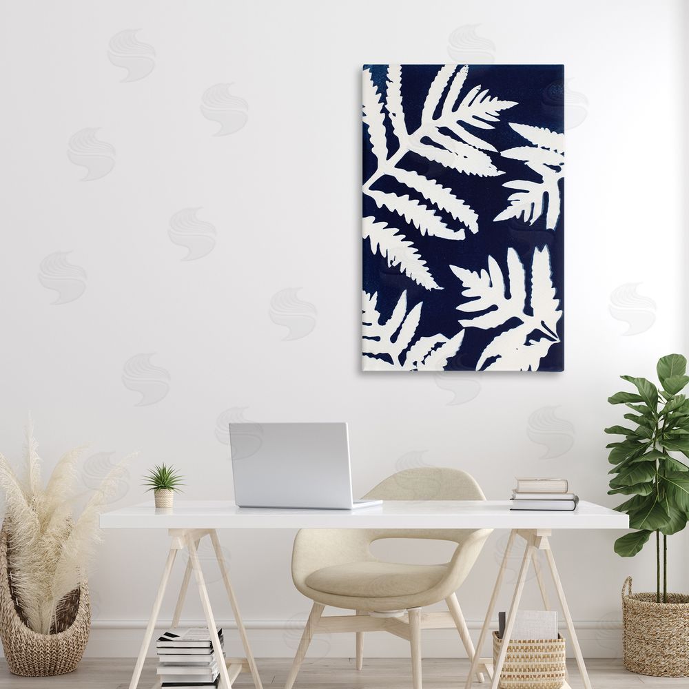 Lynn Byrd White Ferns on Indigo Stretched Canvas Wall Art Print in Room