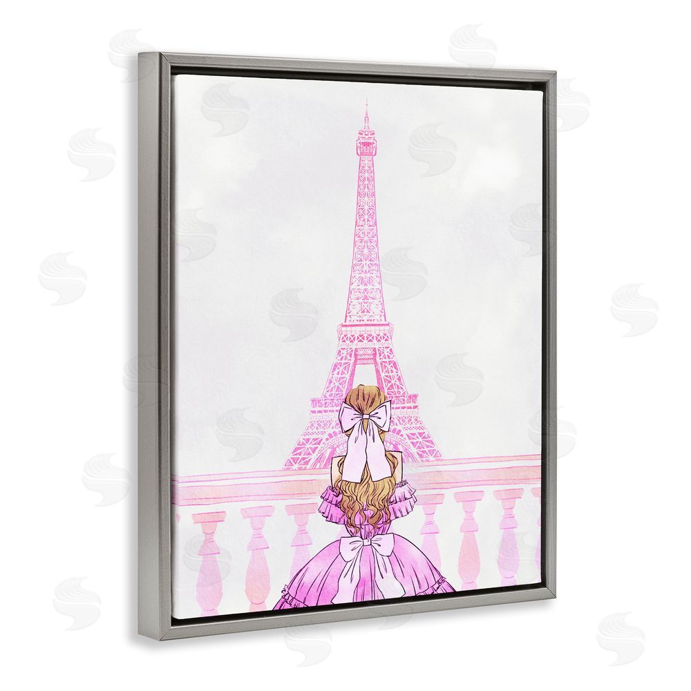 Ziwei Li Pink Gown & Eiffel Tower Gray Floating Frame Canvas Wall Art Print