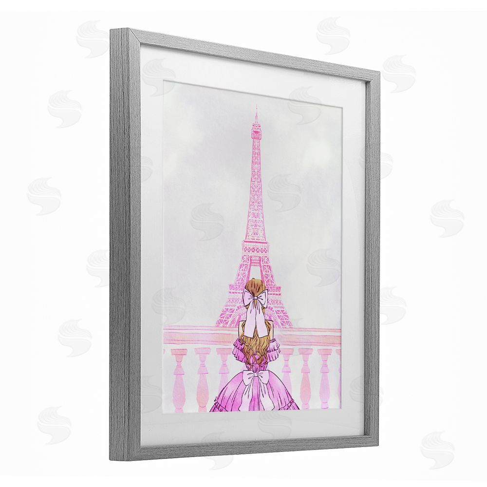 Ziwei Li Pink Gown & Eiffel Tower Gray Framed Print Under Glass Wall Art