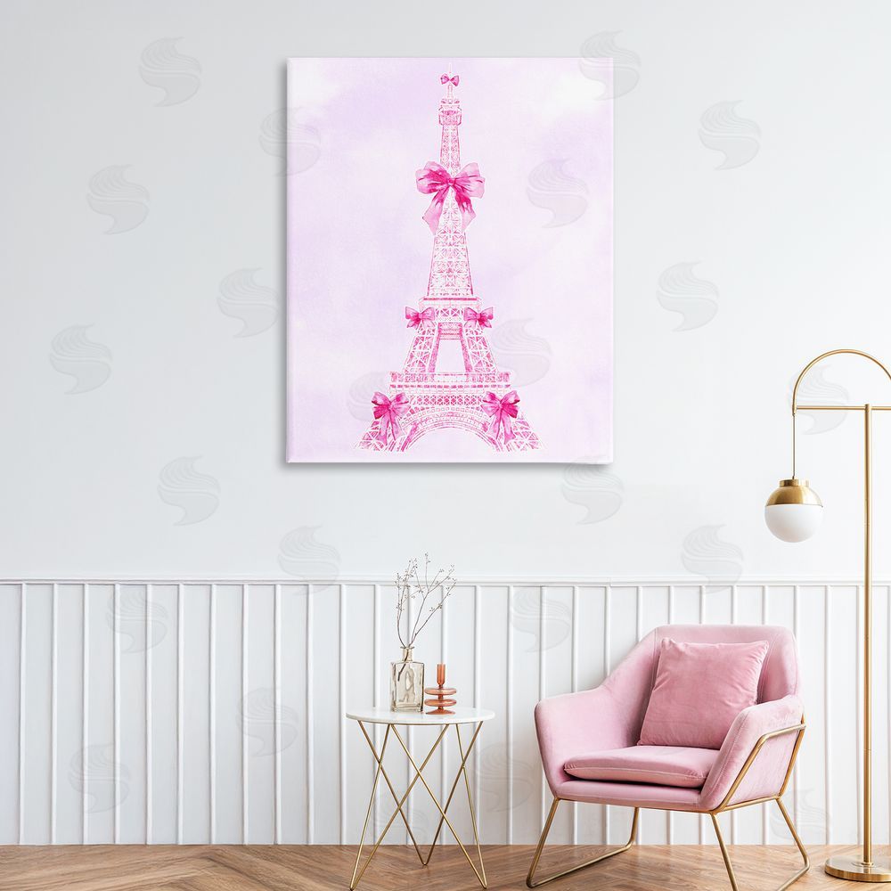 Ziwei Li Ribbon Bedecked Eiffel Tower Stretched Canvas Wall Art Print in Room