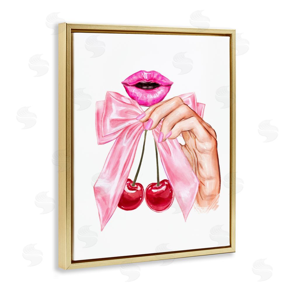 Ziwei Li Lips & Feminine Cherries Gold Floating Frame Canvas Wall Art