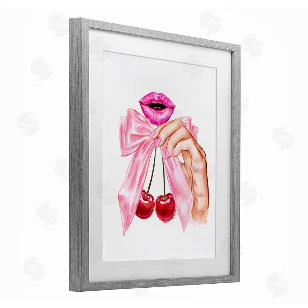 Ziwei Li Lips & Feminine Cherries Gray Framed Print Under Glass with Mat Wall Art