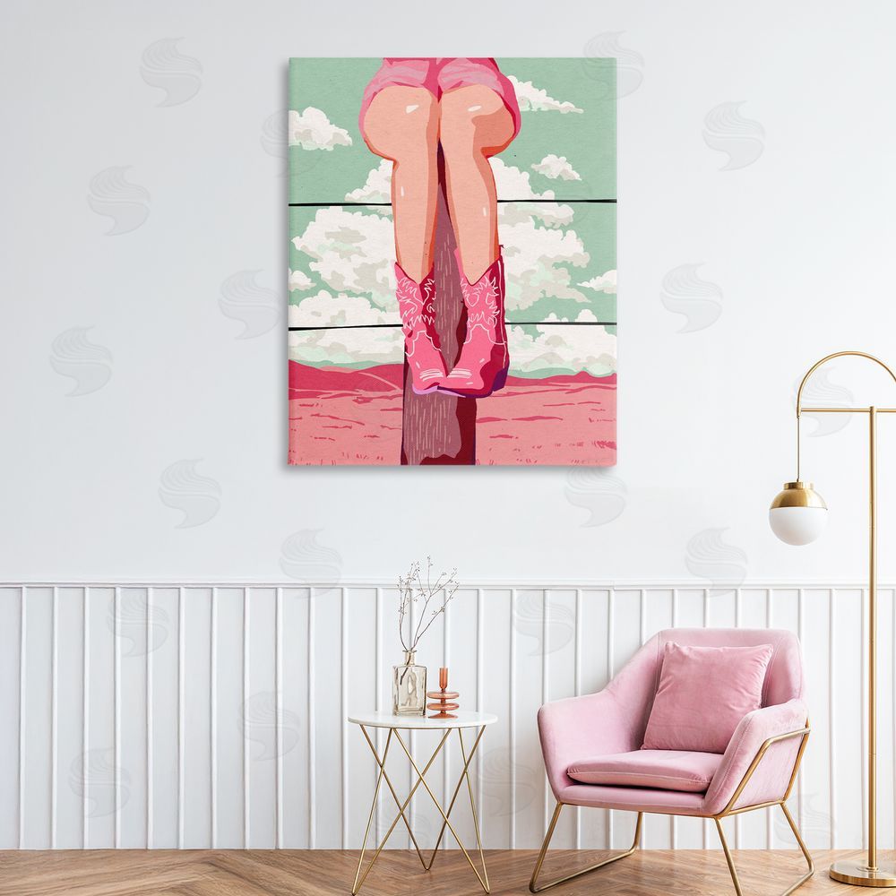 Ziwei Li Cowgirl on Fence Post Stretched Canvas Wall Art Print in Room