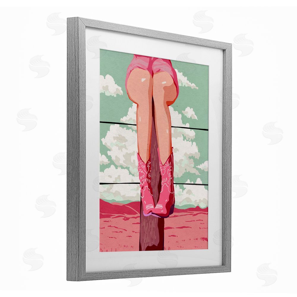 Ziwei Li Cowgirl on Fence Post Gray Framed Print Under Glass Wall Art