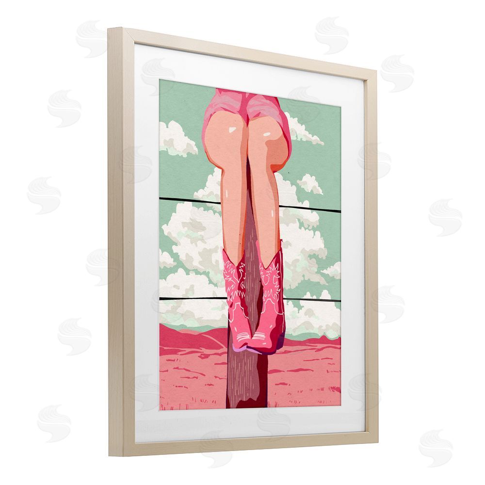 Ziwei Li Cowgirl on Fence Post Birch Framed Print Under Glass Wall Art