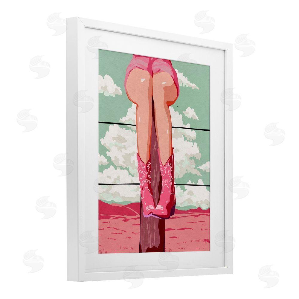Ziwei Li Cowgirl on Fence Post White Framed Print Under Glass Wall Art