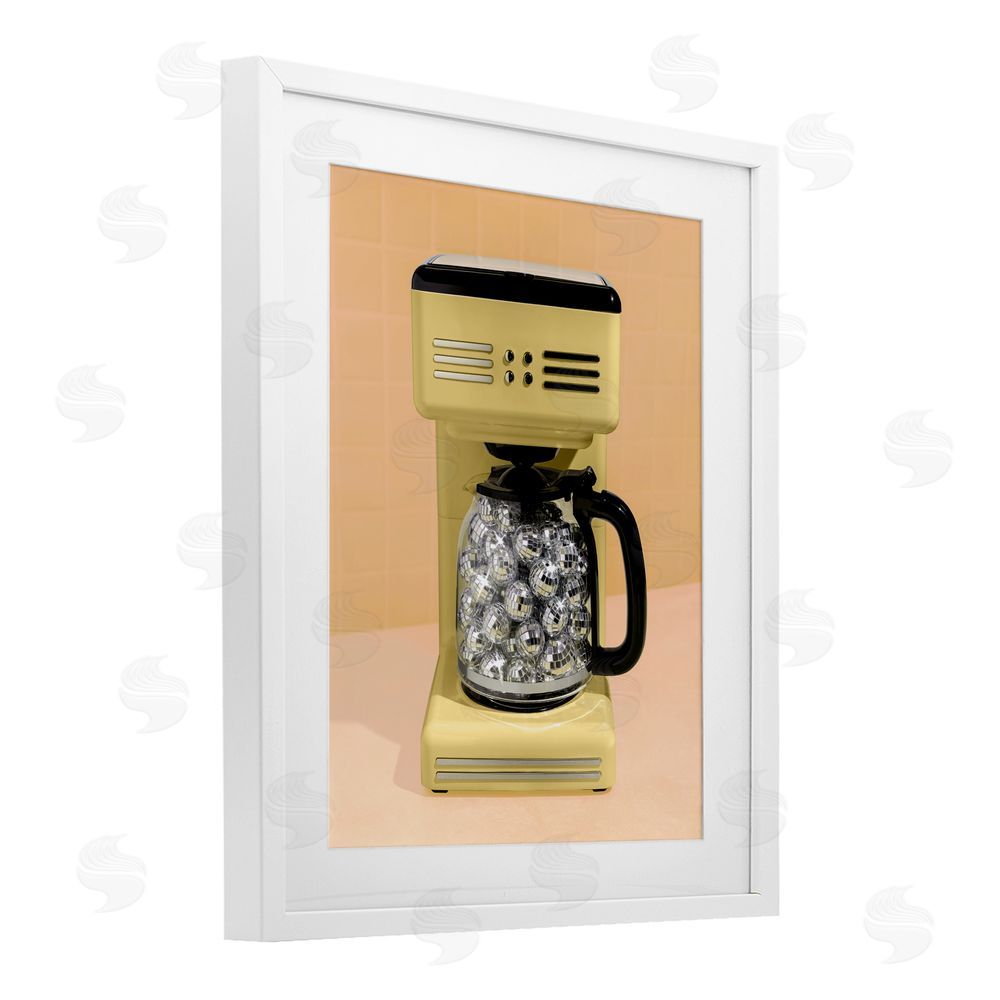 LISH Creative Disco Coffee Maker over Yellow White Framed Print Under Glass Wall Art