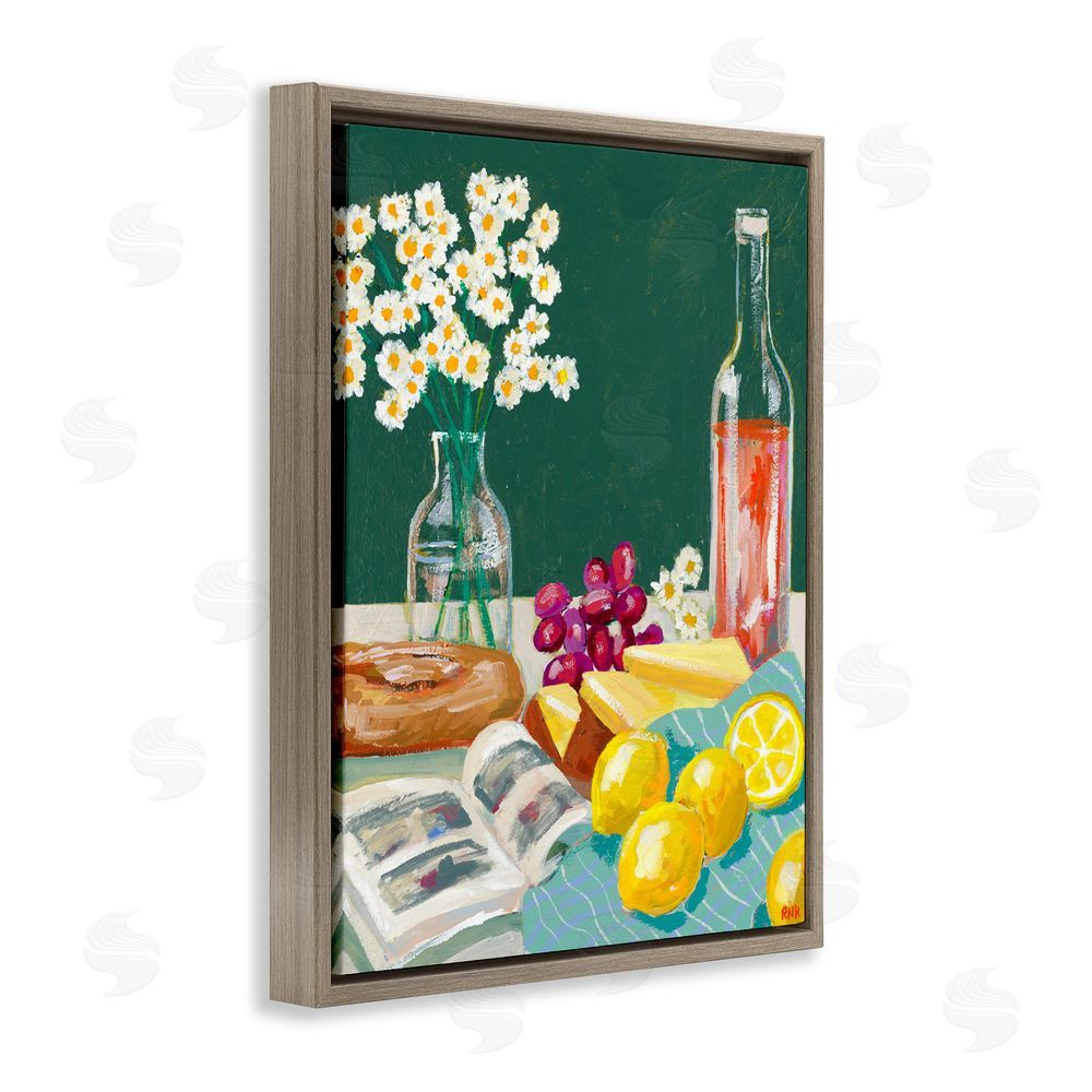 Rachael Reese Cheese, Wine and Lemon Still Life Brown Floating Frame Stretched Canvas Wall Art Print