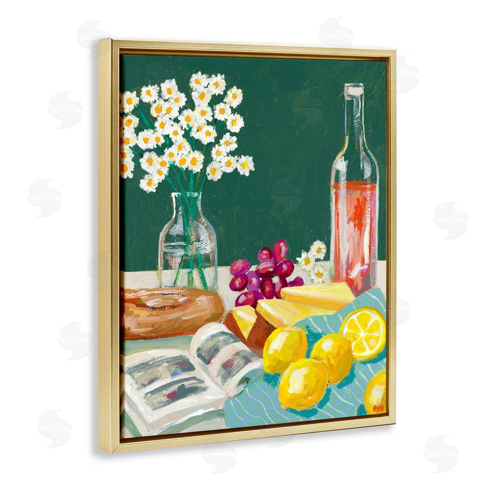 Rachael Reese Cheese, Wine and Lemon Still Life Gold Floating Frame Stretched Canvas Wall Art Print