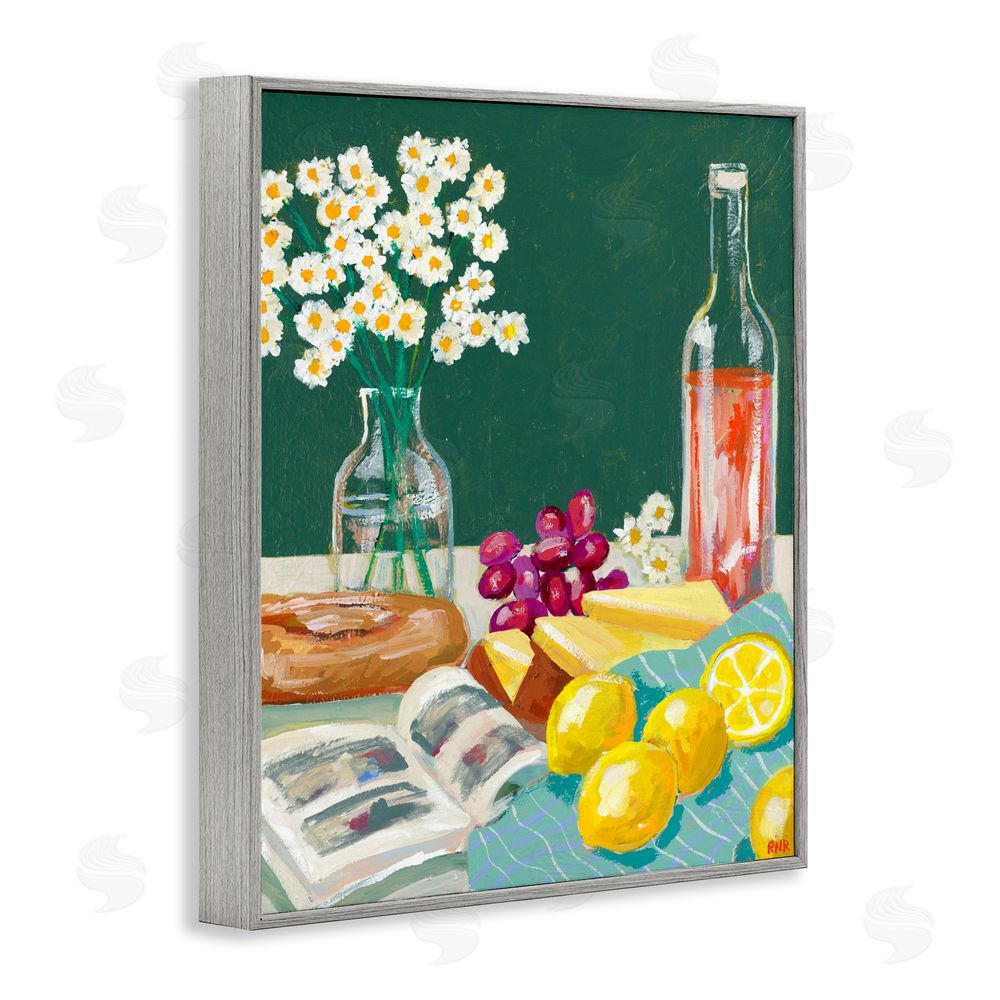 Rachael Reese Cheese, Wine and Lemon Still Life Gray Framed Giclee Wall Art Print