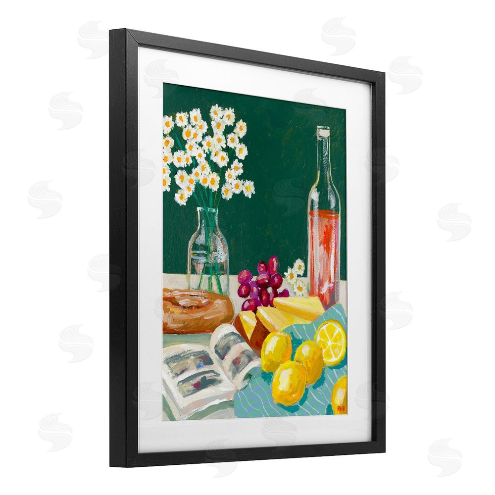 Rachael Reese Cheese, Wine and Lemon Still Life Black Framed Print Under Glass with Matting Wall Art