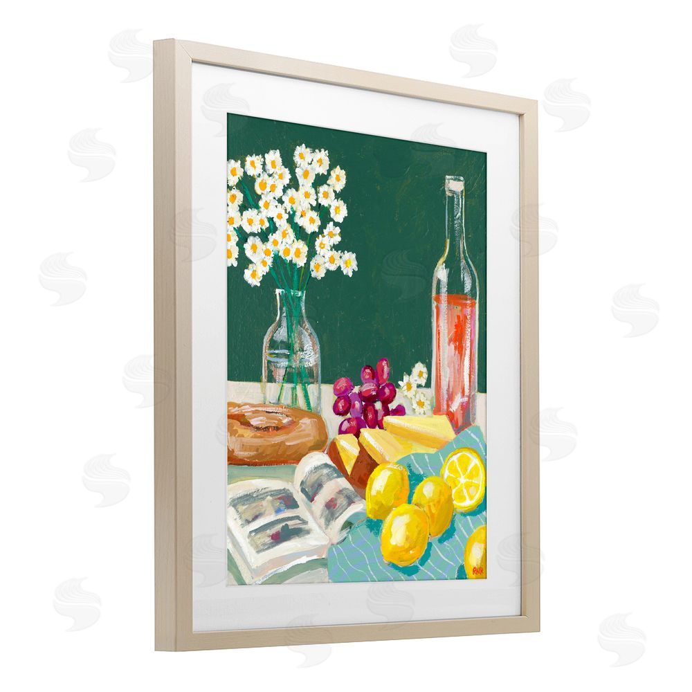 Rachael Reese Cheese, Wine and Lemon Still Life Brown Framed Print Under Glass with Matting Wall Art
