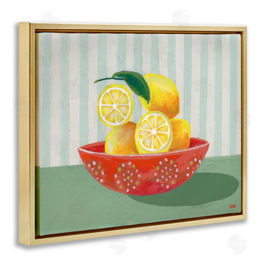 Rachael Reese Sunny Lemons in Red Bowl Gold Floating Framed Canvas Wall Art Print