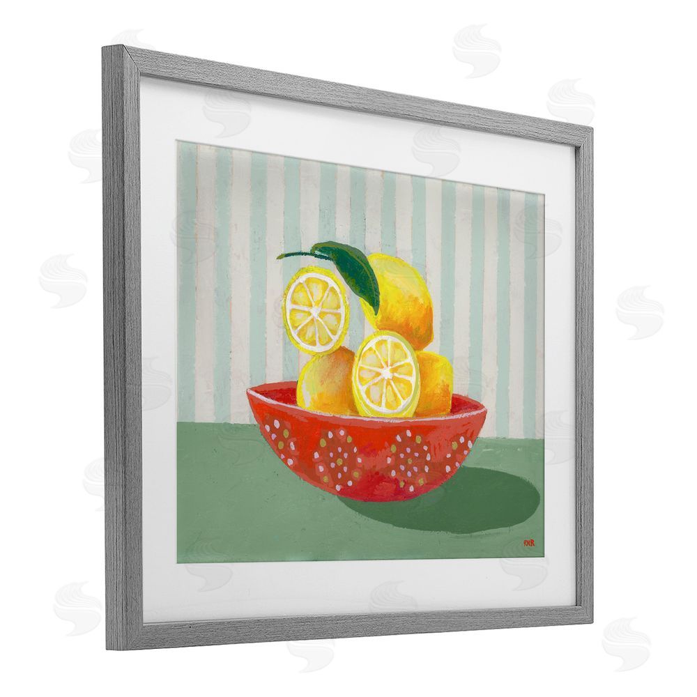 Rachael Reese Sunny Lemons in Red Bowl Gray Framed Print Under Glass with White Mat Wall Art