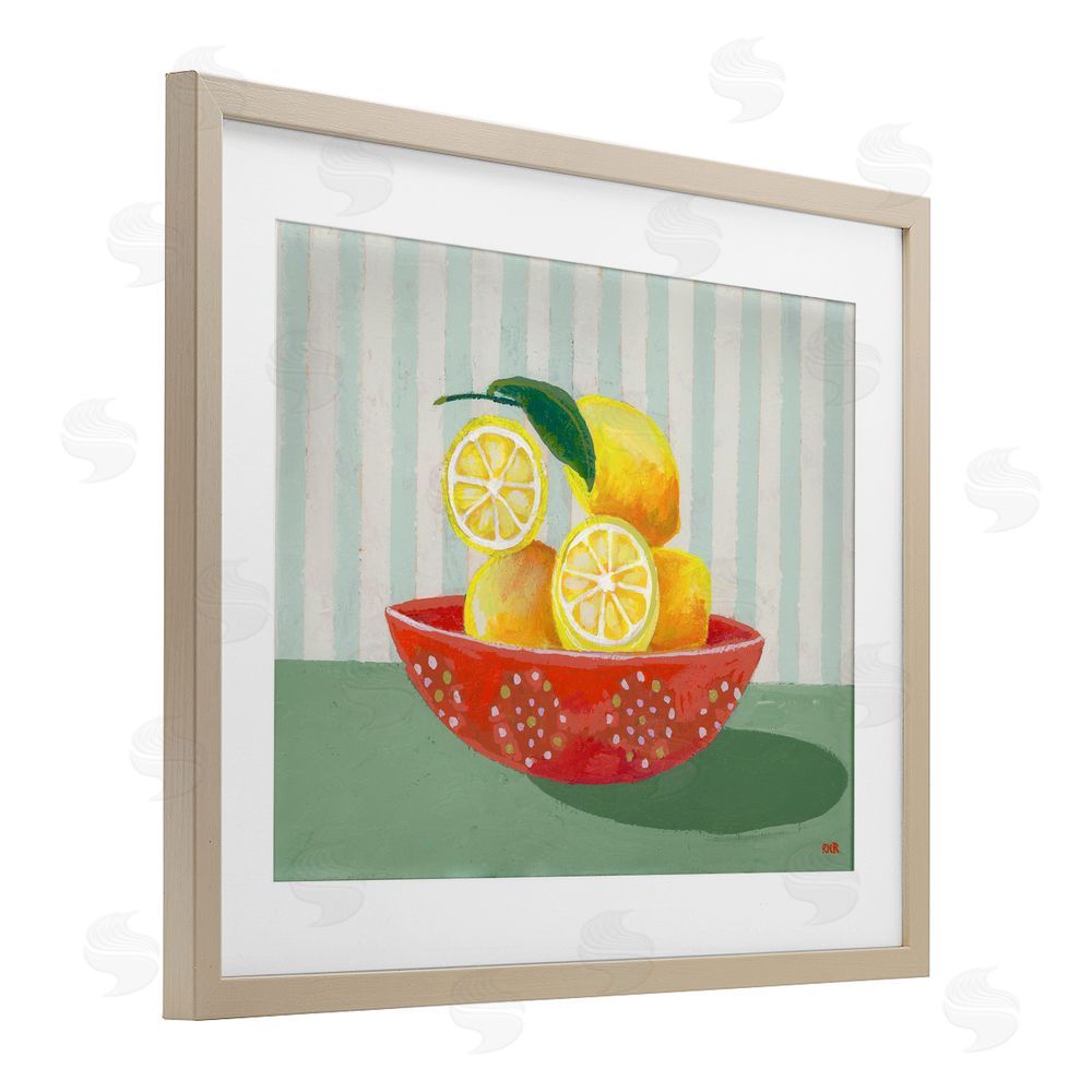 Rachael Reese Sunny Lemons in Red Bowl Brown Framed Print Under Glass with White Mat Wall Art