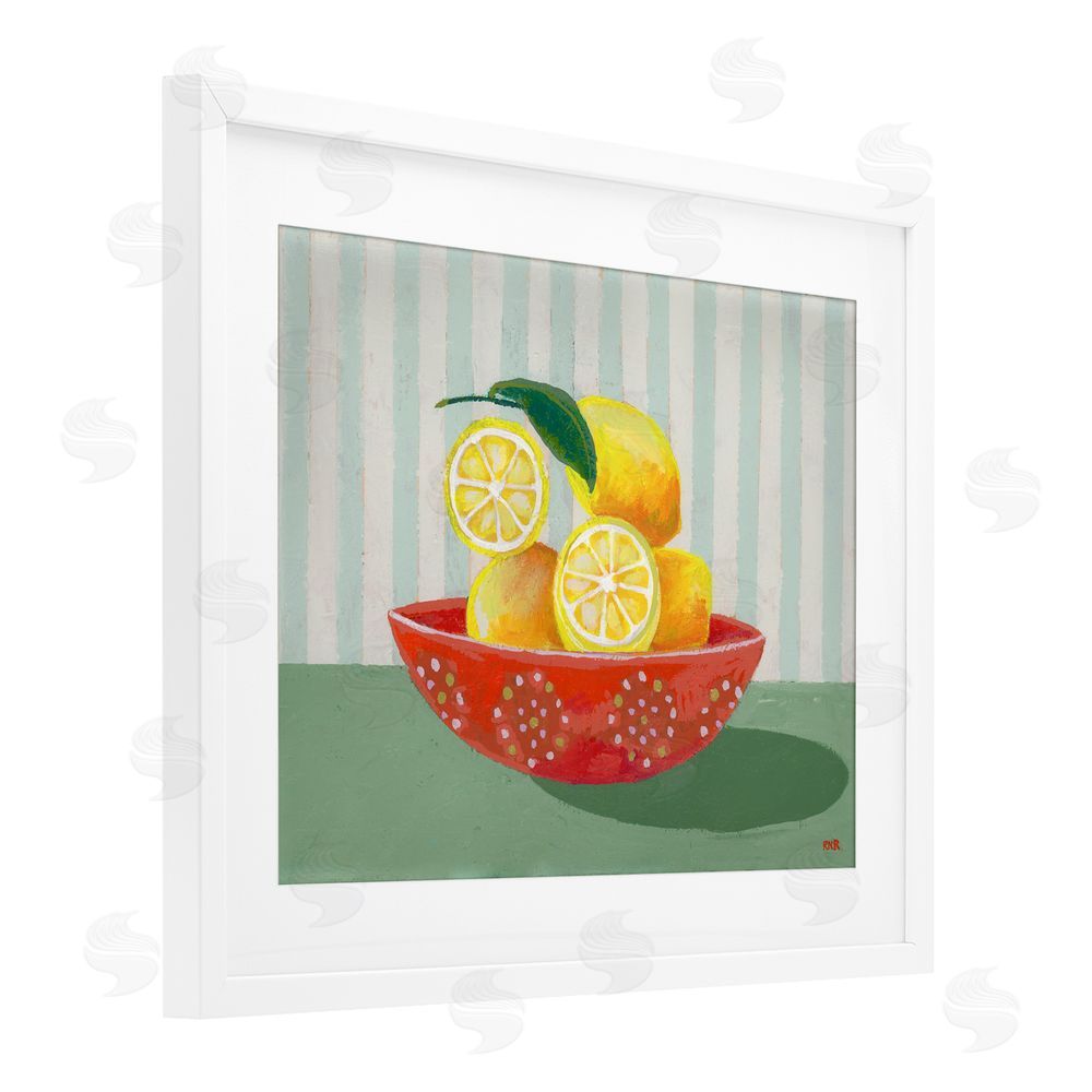 Rachael Reese Sunny Lemons in Red Bowl White Framed Print Under Glass with White Mat Wall Art