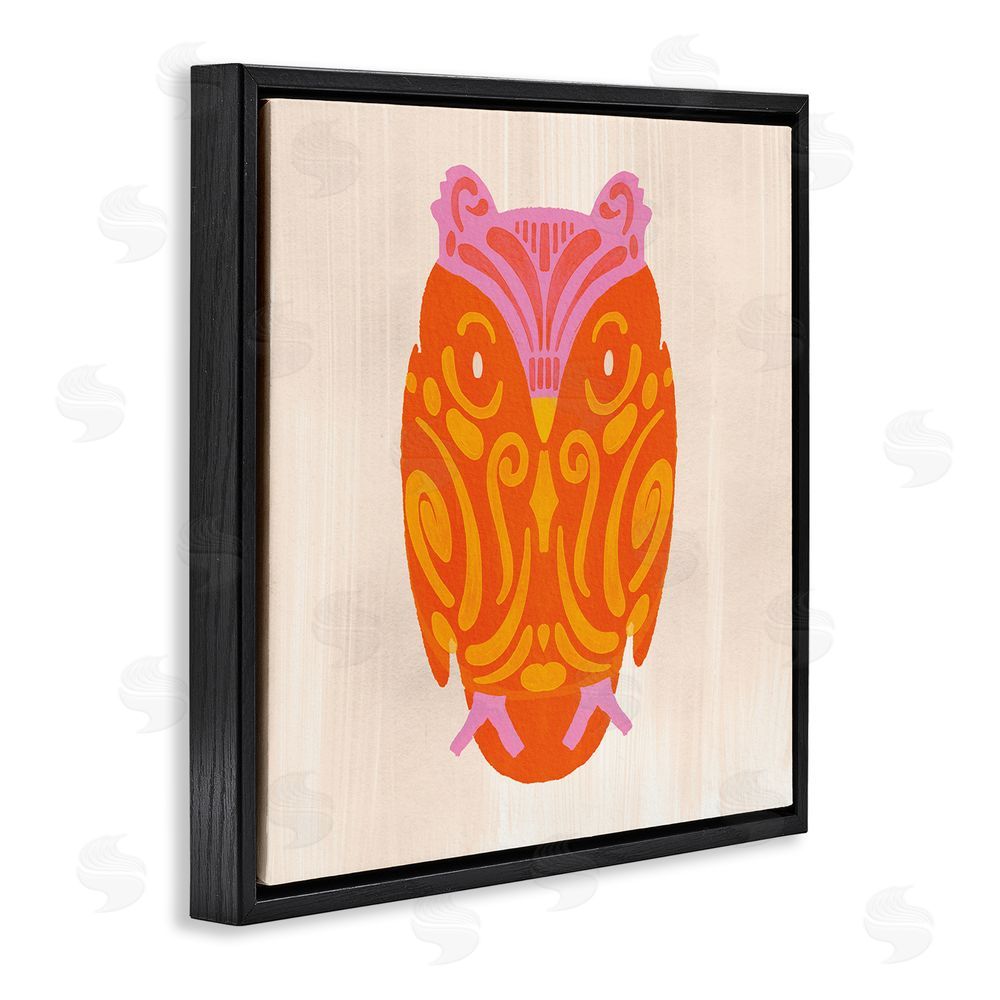 The Paper Curator Vibrant Folk Owl Motif Black Floating Framed Canvas Wall Art Print