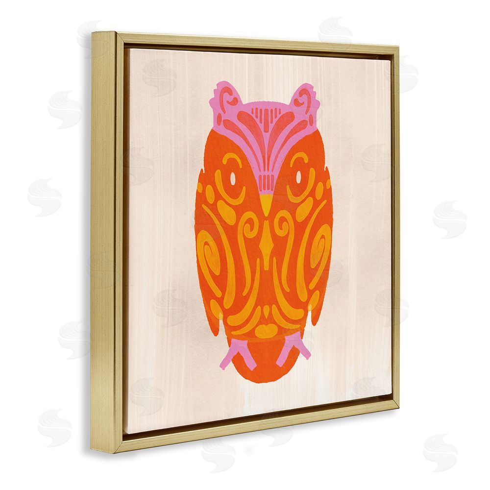 The Paper Curator Vibrant Folk Owl Motif Gold Floating Framed Canvas Wall Art Print