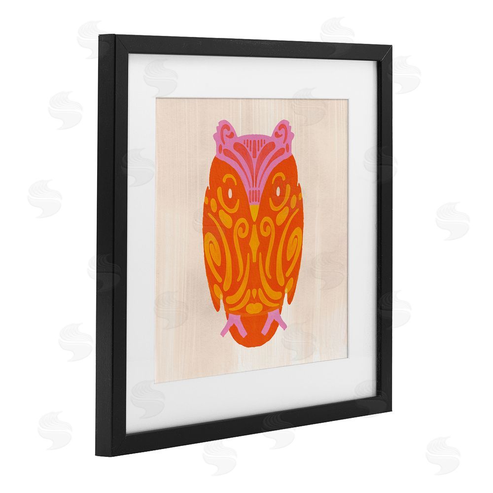 The Paper Curator Vibrant Folk Owl Motif Black Framed Print Under Glass with White Mat Wall Art