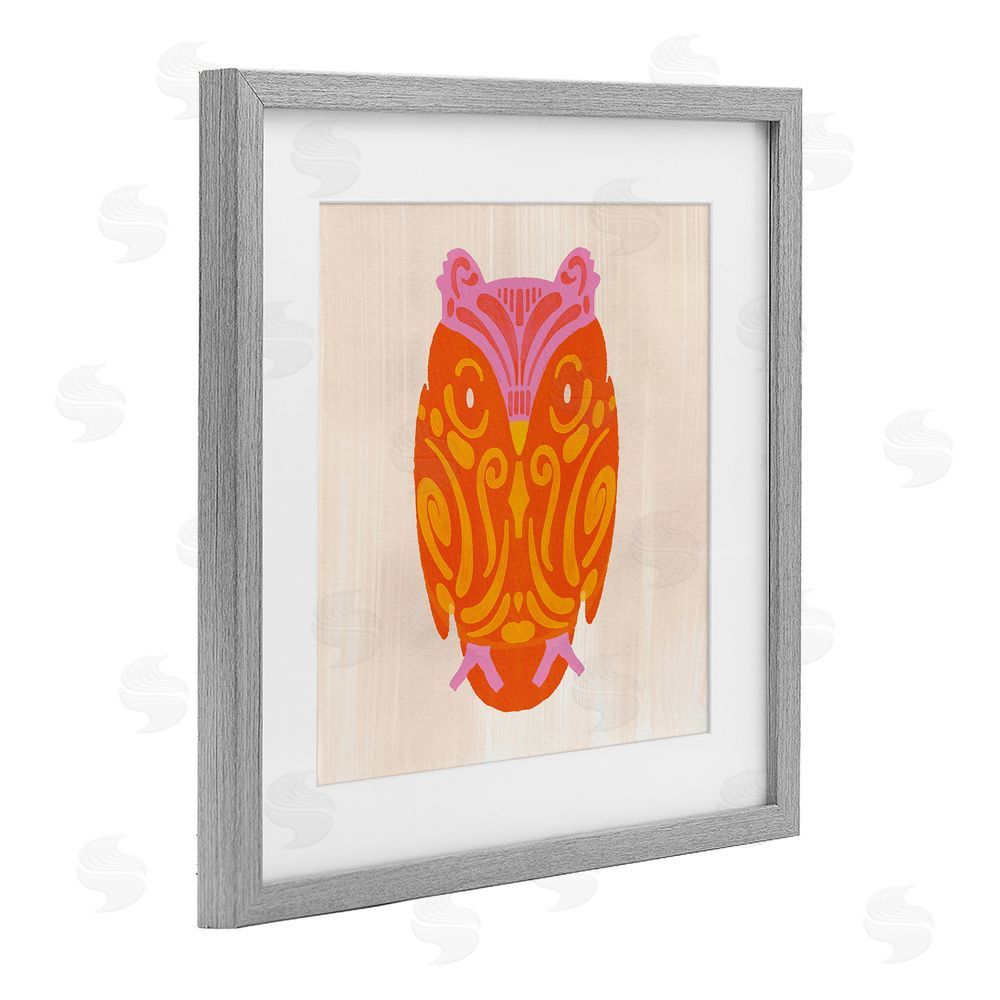 The Paper Curator Vibrant Folk Owl Motif Gray Framed Print Under Glass with White Mat Wall Art