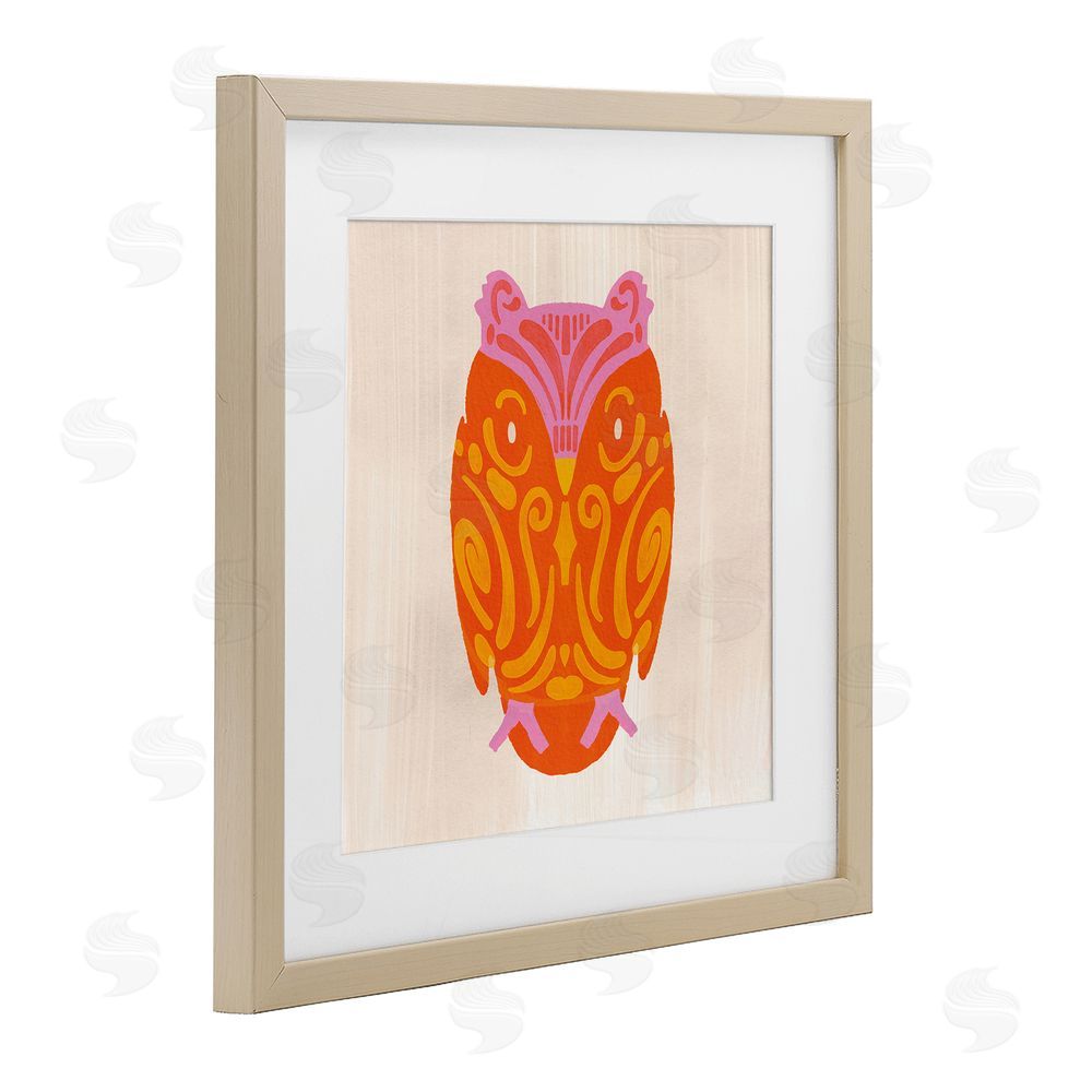 The Paper Curator Vibrant Folk Owl Motif Brown Framed Print Under Glass with White Mat Wall Art
