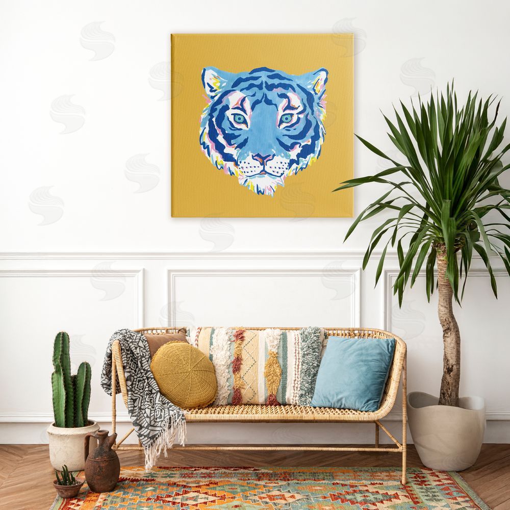 Karolina Sato Blue Tiger over Yellow Stretched Canvas Wall Art Print in Room