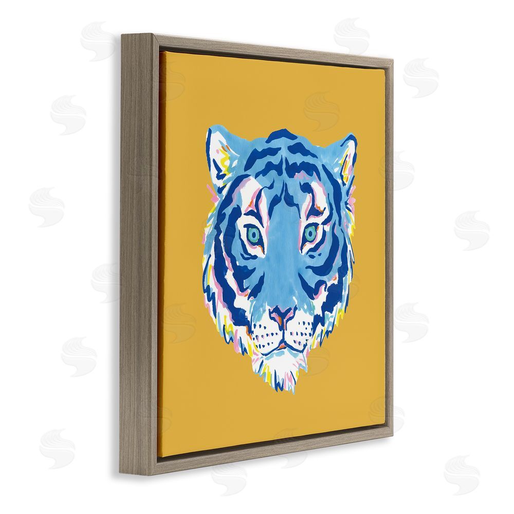 Karolina Sato Blue Tiger over Yellow Brown Floating Frame Stretched Canvas Wall Art Print