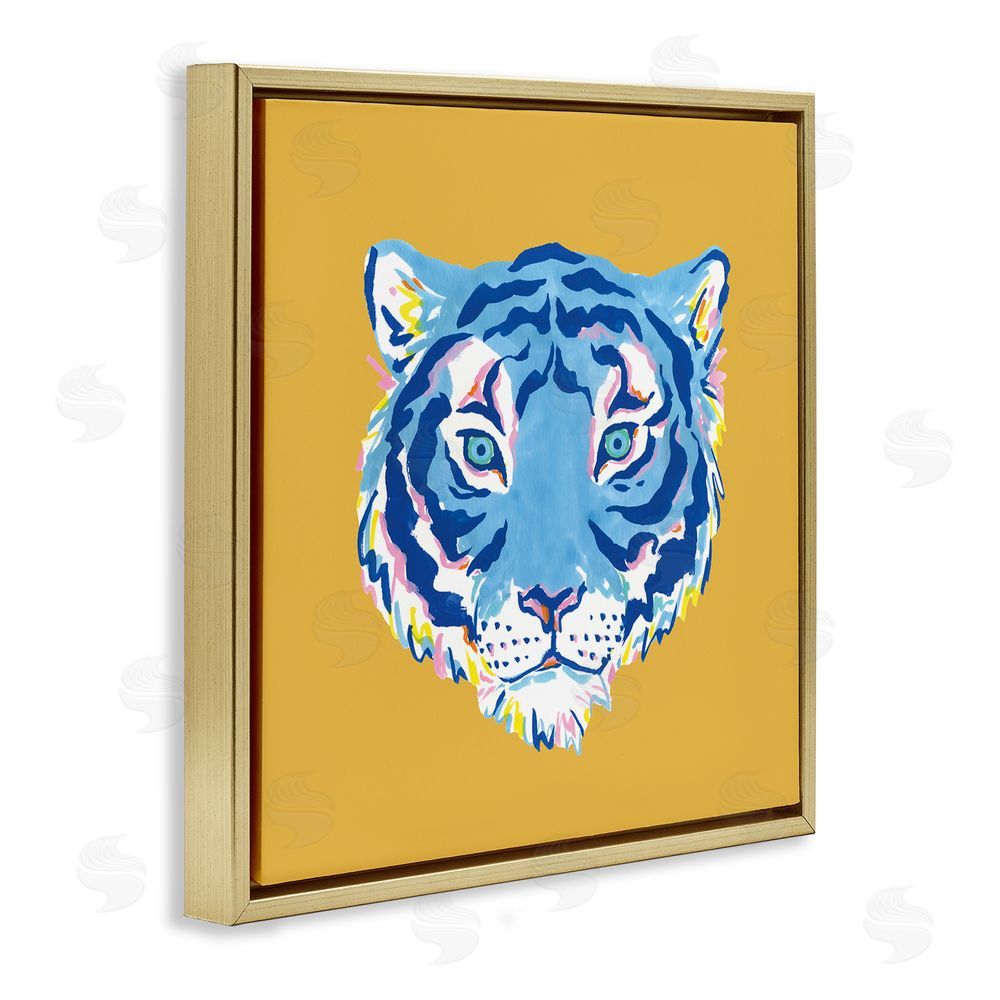 Karolina Sato Blue Tiger over Yellow Gold Floating Frame Stretched Canvas Wall Art Print