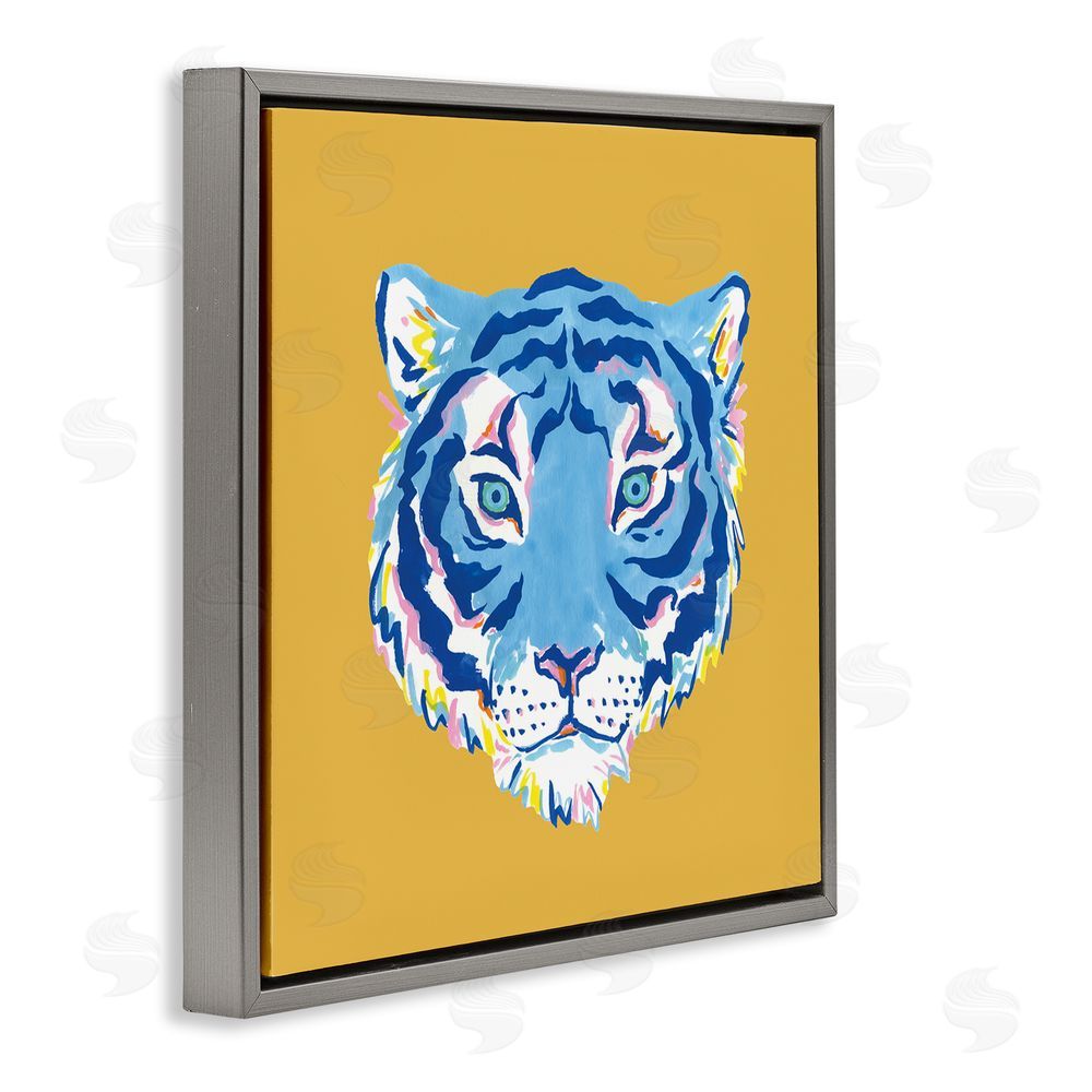 Karolina Sato Blue Tiger over Yellow Gray Floating Frame Stretched Canvas Wall Art Print