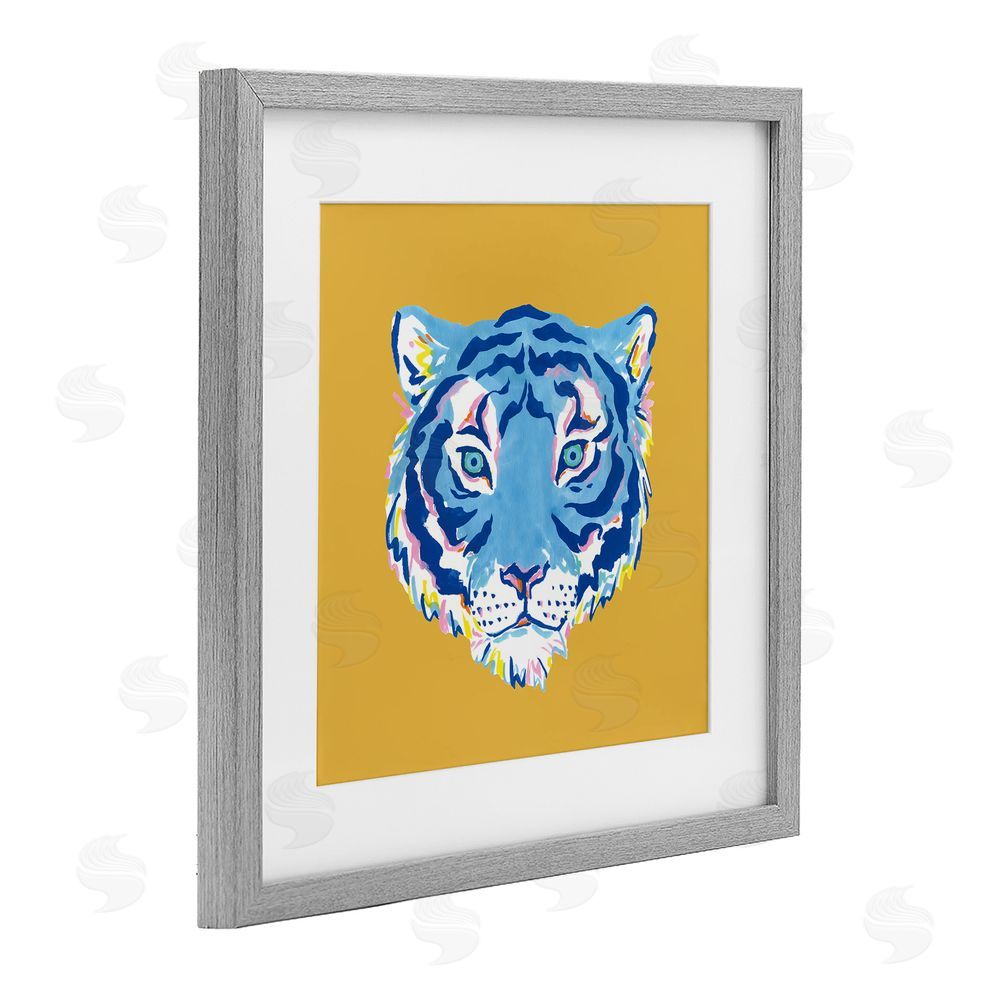 Karolina Sato Blue Tiger over Yellow Gray Framed Print Under Glass with Matting Wall Art