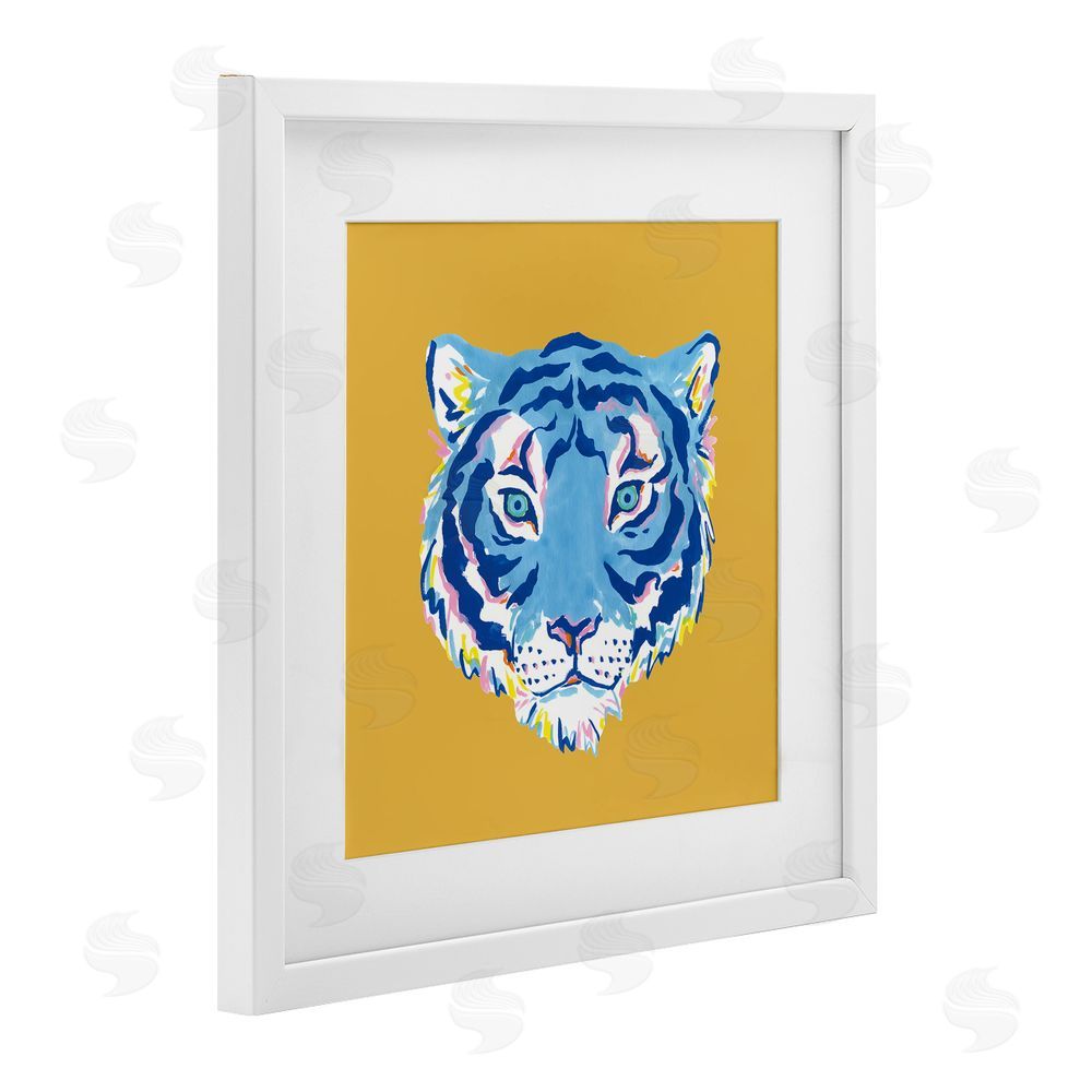 Karolina Sato Blue Tiger over Yellow White Framed Print Under Glass with Matting Wall Art