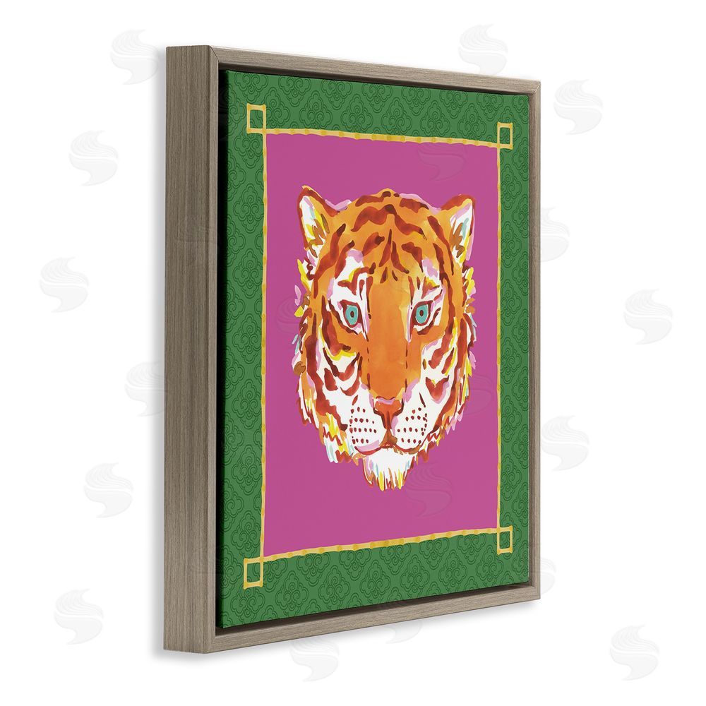 Karolina Sato Bordered Exotic Tiger Portrait Brown Floating Frame Stretched Canvas Wall Art Print