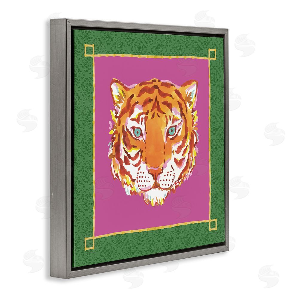 Karolina Sato Bordered Exotic Tiger Portrait Gray Floating Frame Stretched Canvas Wall Art Print