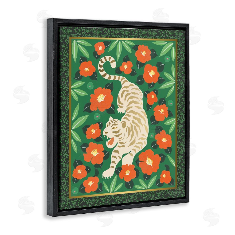Karolina Sato Eclectic Tiger & Hibiscus Black Floating Frame Canvas Wall Art Print