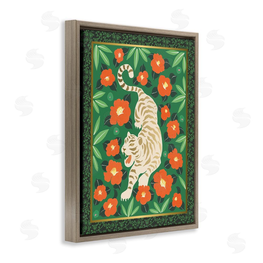 Karolina Sato Eclectic Tiger & Hibiscus Brown Floating Frame Canvas Wall Art Print