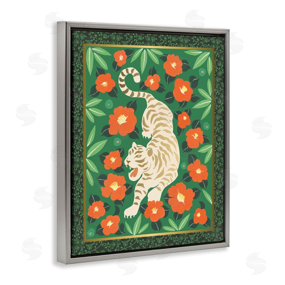 Karolina Sato Eclectic Tiger & Hibiscus Gray Floating Frame Canvas Wall Art Print