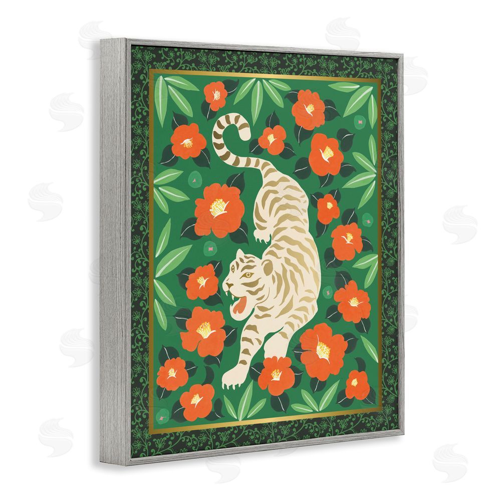 Karolina Sato Eclectic Tiger & Hibiscus Gray Framed Giclee Wall Art Print
